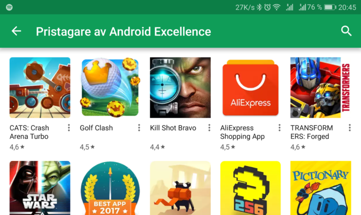 Ny kategori i Google Play: Pristagare av Android Excellence